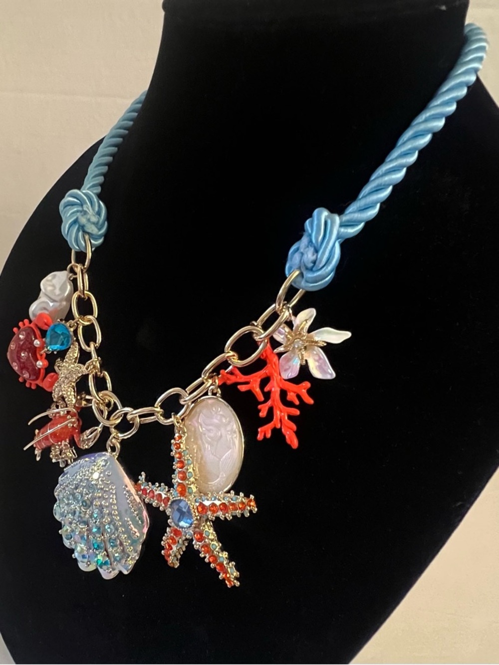 Betsey Johnson Blue Rope Necklace with Coral, Red and Iridescent Sea Charms - Picture 7 of 16